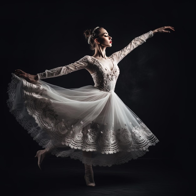 AI가 생성한 이미지 흰색 드레스와 어두운 배경의 매력적인 미지의 클래식 댄서