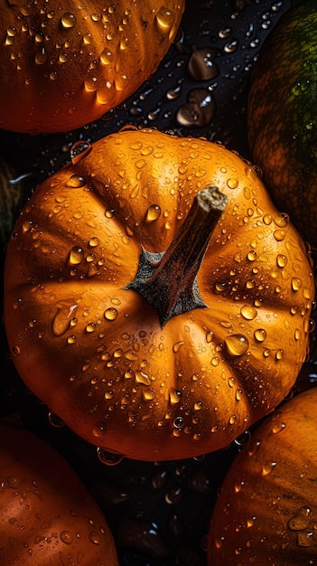 AI generated image Big wet orange pumpkin with water drops