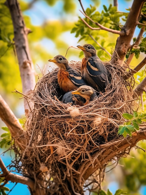 Foto immagine generata dall'ai di uccelli appoggiati sul nido