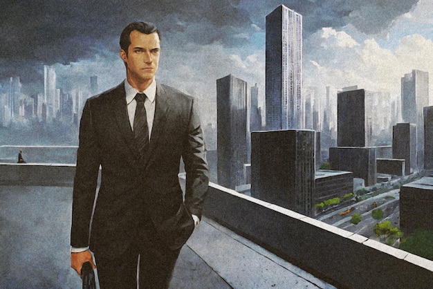 Photo ai generated image of businessman in a black suit with modern buildings in the background