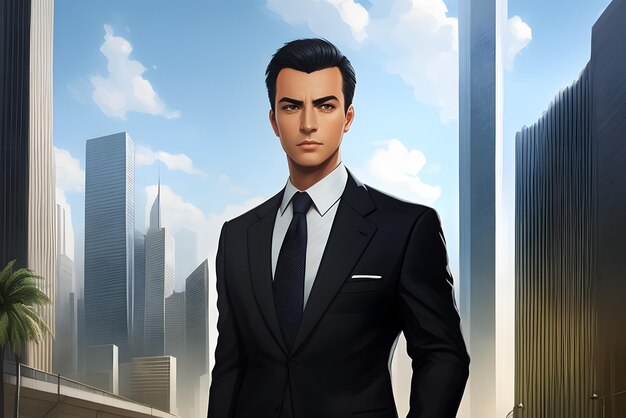 Ai generated image of businessman in a black suit with modern buildings in the background