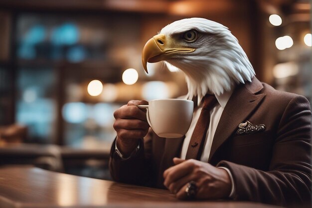 Foto ai ha generato l'immagine di un uomo d'affari con la testa di aquila che beve caffè
