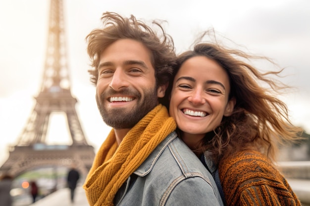 AI generated image of couple selfie in front of Eiffel Tower in Paris