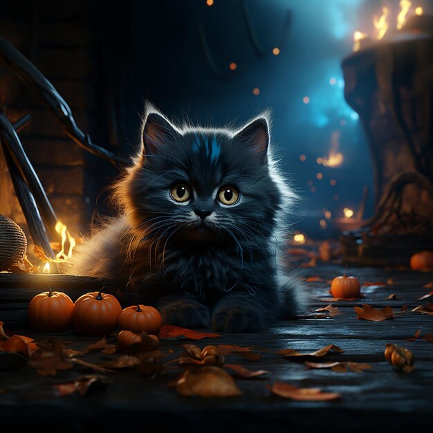 Ai generated an image of a cute realistic witch black cat with blue eyes