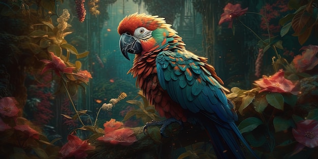 AI generated image Decorative scientific painting of a Blue Macaw in the jungle or rain forest