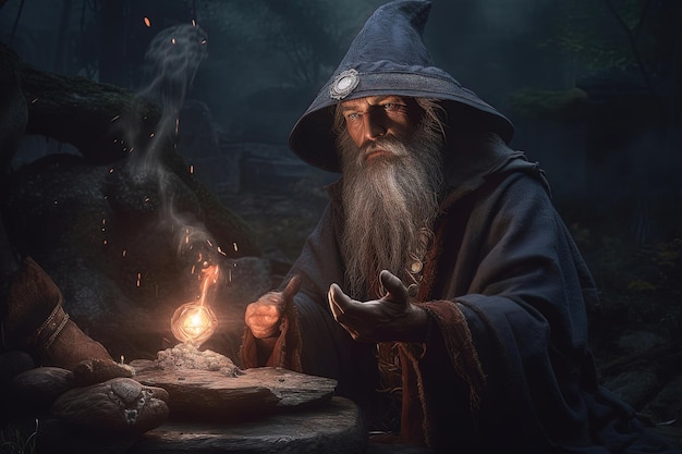 AI generated image Elderly sorcerer or wizard practicing his magic tricks in his laboratory