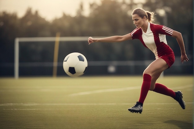 Ai generated image of Female Football player kicking the ball