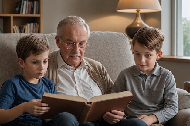 Foto ai ha generato l'immagine di un nonno e due nipoti che leggono sul divano per la giornata mondiale dei nonni