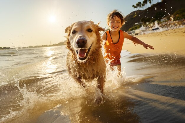AI создал изображение счастливых детей, бегущих по пляжному побережью. Высококачественное фото.