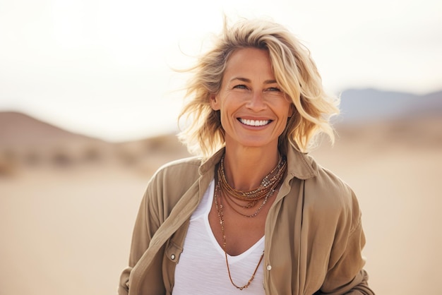 AI generated image of happy mature senior woman on beach or desert High quality photo