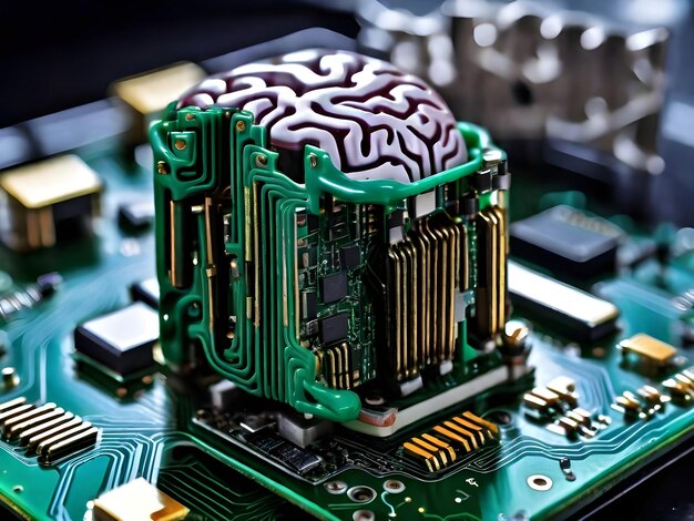AI generated image of the human brain as the printed circuit as motherboard processor
