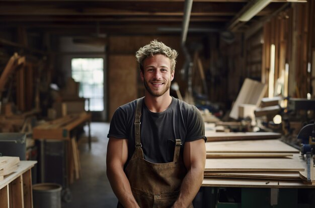 AI generated image of male carpenter in wood shop High quality photo