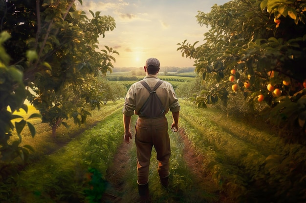 AI сгенерировал изображение мужчины-фермера на яблочном поле Фото высокого качества