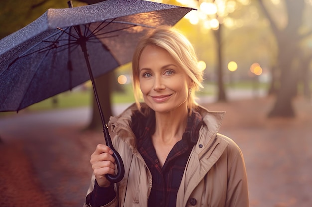 Ai generated image of mature attractive female with umbrella high quality photo