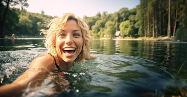 AI generated image of mature happy woman swim in the lake High quality photo