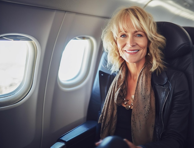 AI generated image of mature senior in airplane High quality photo