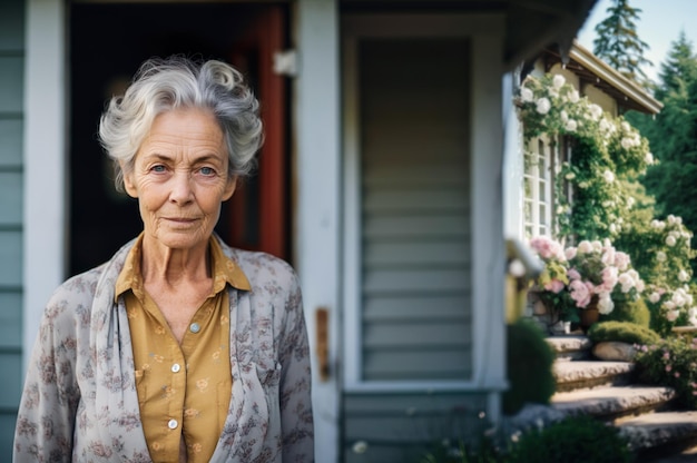 집 앞의 성숙한 노인 여성의 AI 생성 이미지 고화질 사진