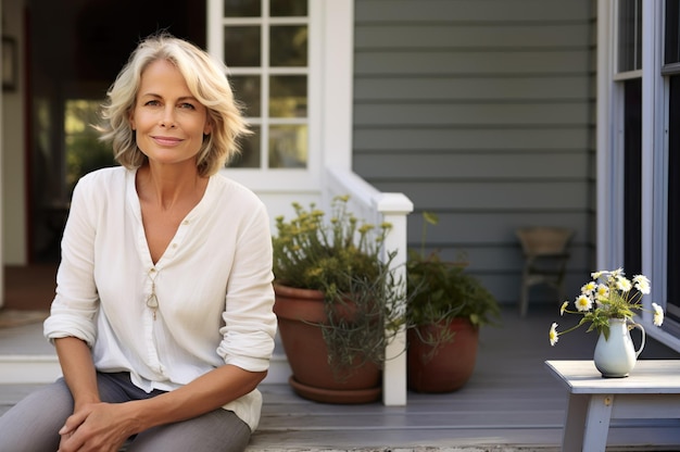 AI generated image of mature senior female in front of house High quality photo