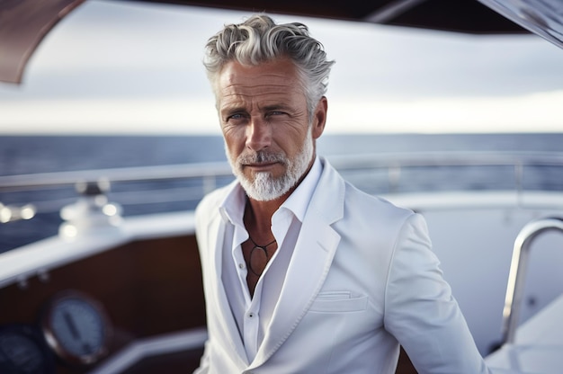 AI generated image of mature senior male on the yacht High quality photo