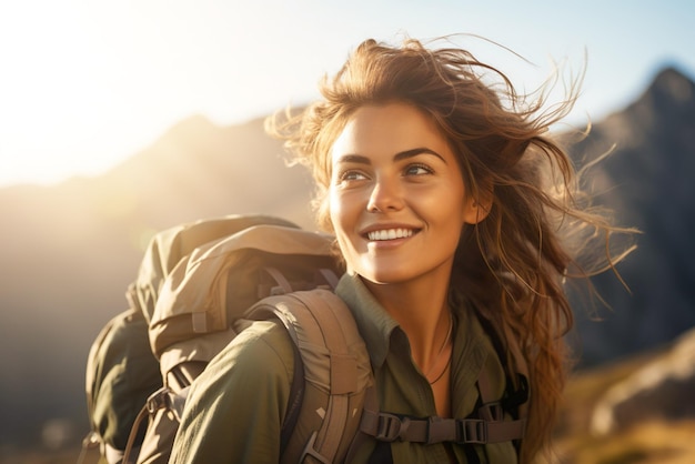 AI generated image of mature senior woman hiking on mountains High quality photo