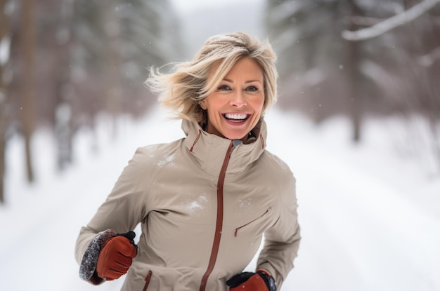 Ai generated image of mature senior woman running in winter High quality photo