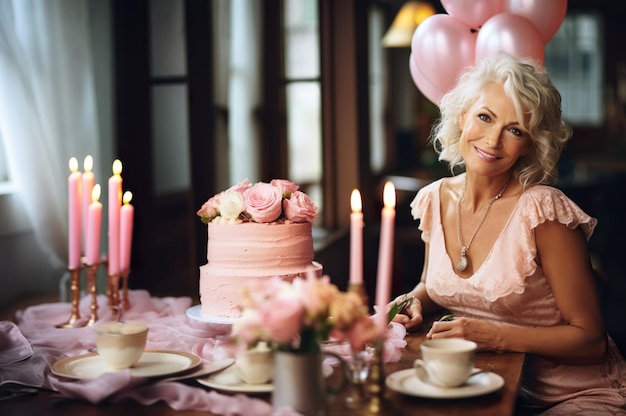 AI создал изображение зрелой пожилой женщины с воздушным шаром и тортом. Высококачественное фото.