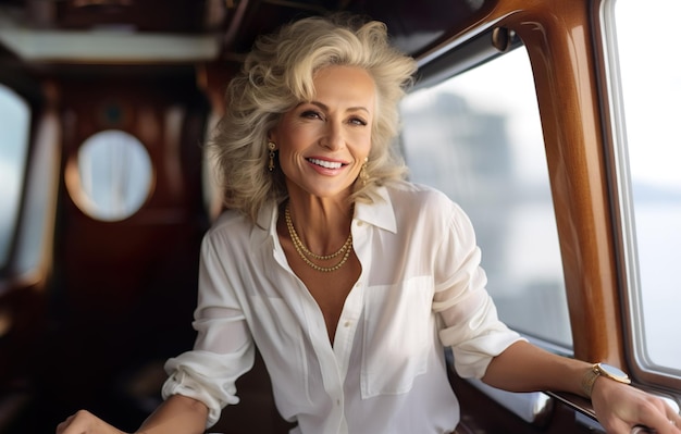 AI generated image of mature senior woman on yacht High quality photo