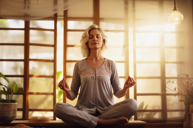 AI generated image of mature woman doing yoga High quality photo