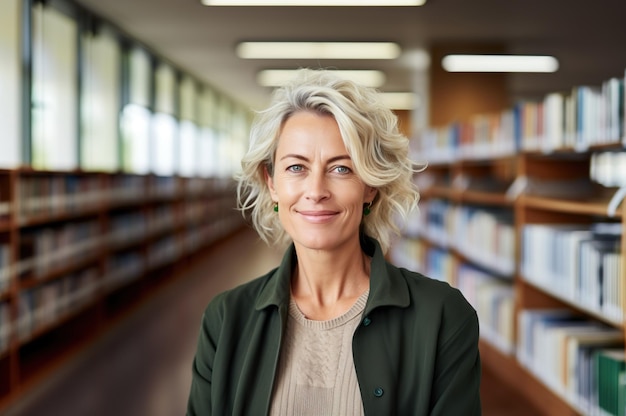 AI generated image of mature woman in the library High quality photo