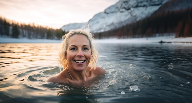 AI generated image of mature woman swimming on icy lake High quality photo