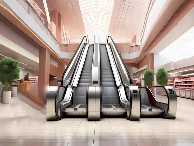 AI generated image of modern luxury escalators with staircase at airport or supermarket