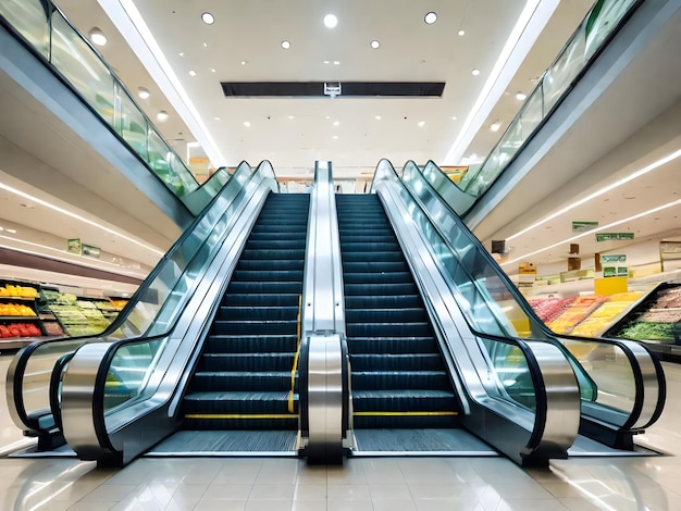 AI generated image of modern luxury escalators with staircase at airport or supermarket