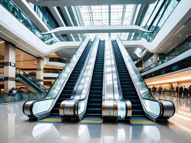 AI generated image of modern luxury escalators with staircase at airport or supermarket