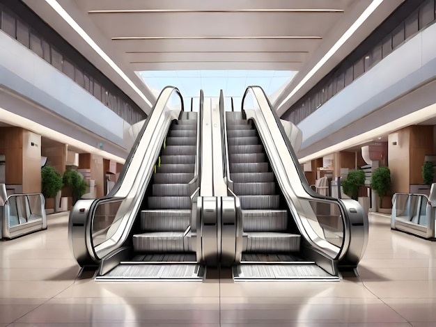 AIが作成した空港やスーパーマーケットの現代的な豪華なエスカレーターと階段の画像
