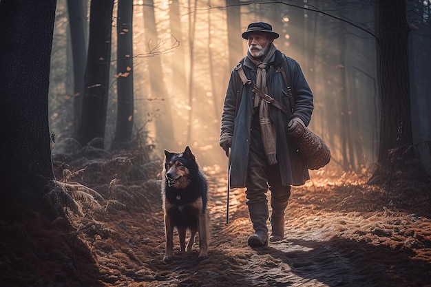 Photo ai generated image old man walking in the woods next to his dog at sunset