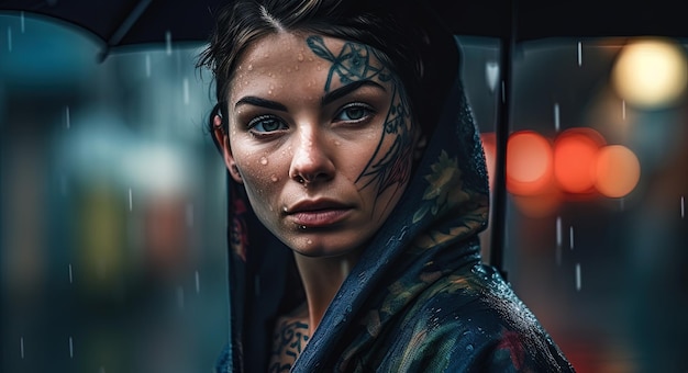 AI生成画像 雨の中の見知らぬ女性のポートレート