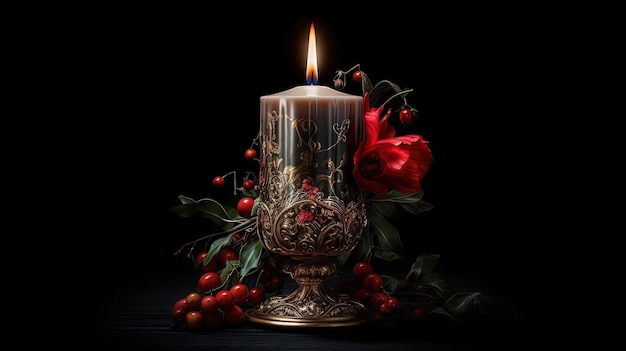 AI generated image Romantic black candle with golden engraving and mistletoe