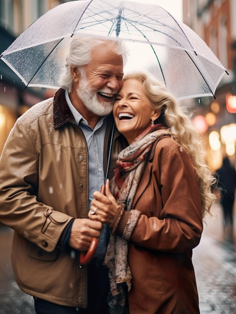 AI создал изображение пожилой пары с зонтиком на прогулке Фото высокого качества