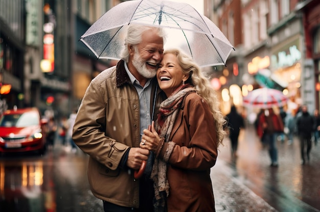 AI generated image of senior couple with umbrella on the walk High quality photo