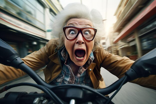 Ai generated image of senior woman on motorbike in the city High quality photo