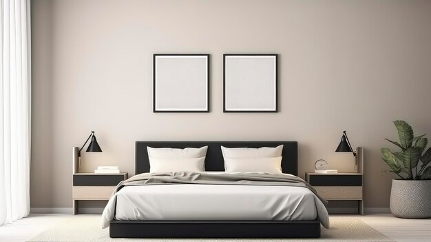 AI generated image of a simple bedroom interior design with a mockup frame