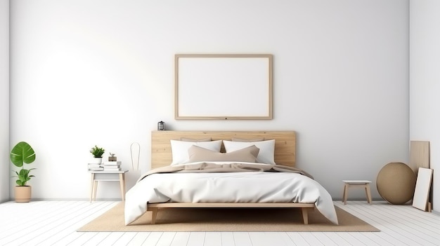 AI generated image of a simple bedroom interior design with a mockup frame