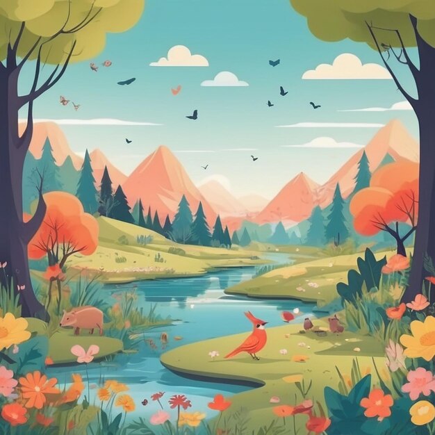 Ai generated image of a vibrant and nostalgic flat nature background illustration