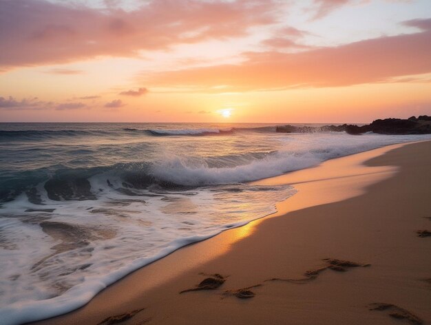 An AI generated image of water waves breaking beach during sunset
