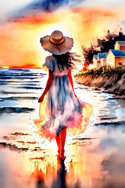 AI generated image of watercolor painting of a back view of woman standing viewing the summer sky