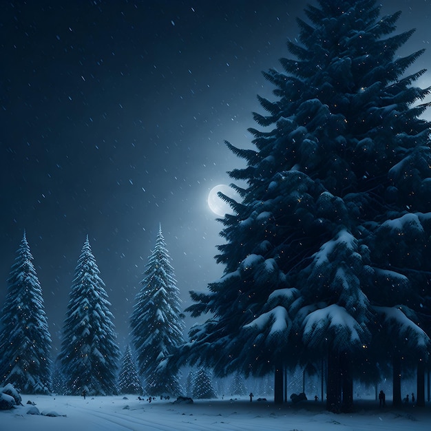 AI generated image of a winter scene with a snowflakescovered forest and spruce tree