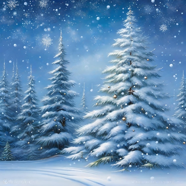 AI generated image of a winter scene with a snowflakescovered forest and spruce tree