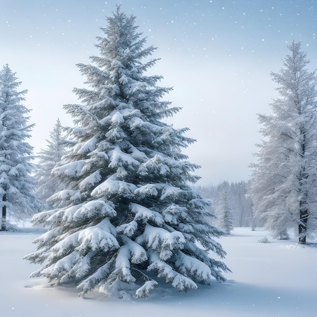 AI generated image of a winter scene with a snowflakescovered forest and spruce tree