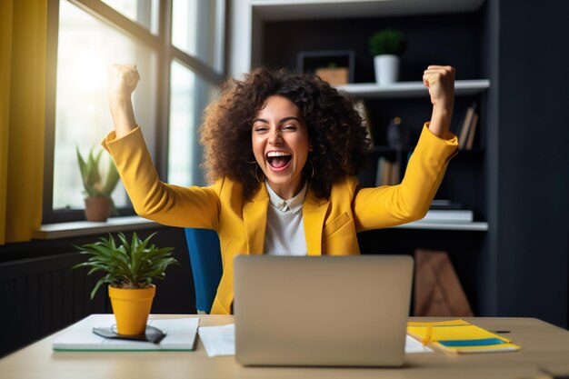 AI generated image of women in yellow jacket in home office