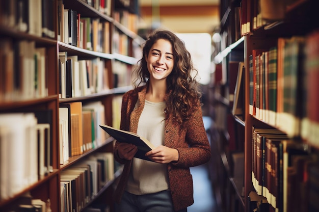 AI generated image of young female standing in library High quality photo